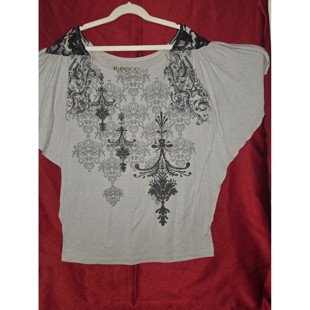 Vintage Y2K Ransom Graphic Top Gray Lace Shoulder Grunge Tee Womens Med